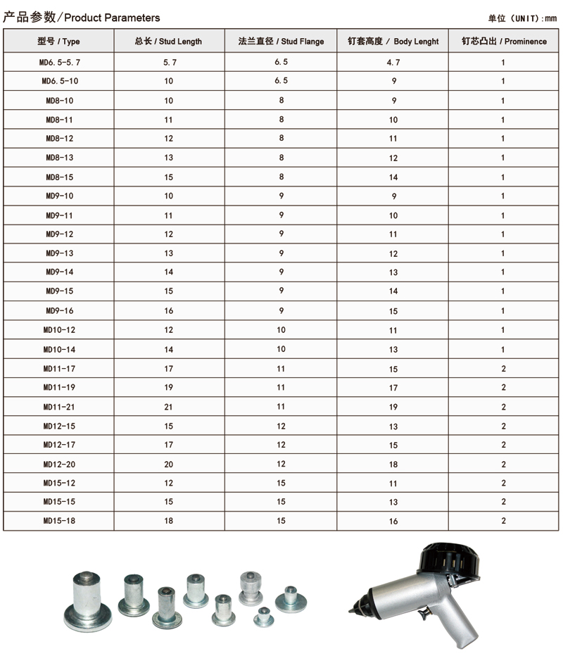 铆钉型防滑钉规格表
